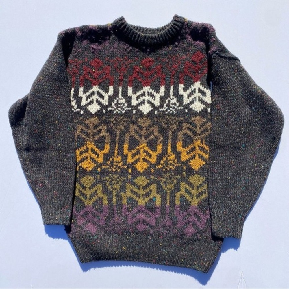 Vintage Chunky Knit Confetti Fleck‎ Sweater Mens Large Intarsia Pattern Charcoal
